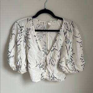 SALE! HM Floral White Puff Sleeve Top Linen Blend Size XS